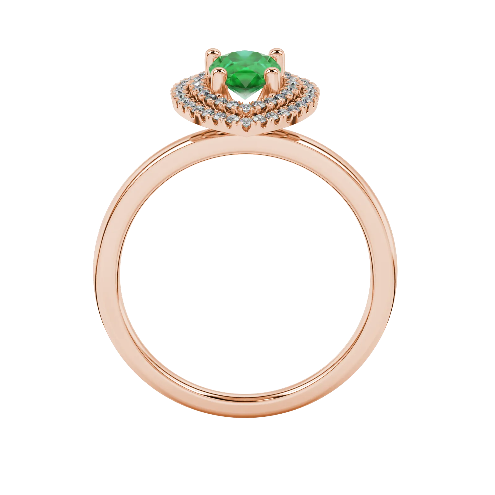Pear shape emerald green gemstone ring, rose gold falling edge halo setting.