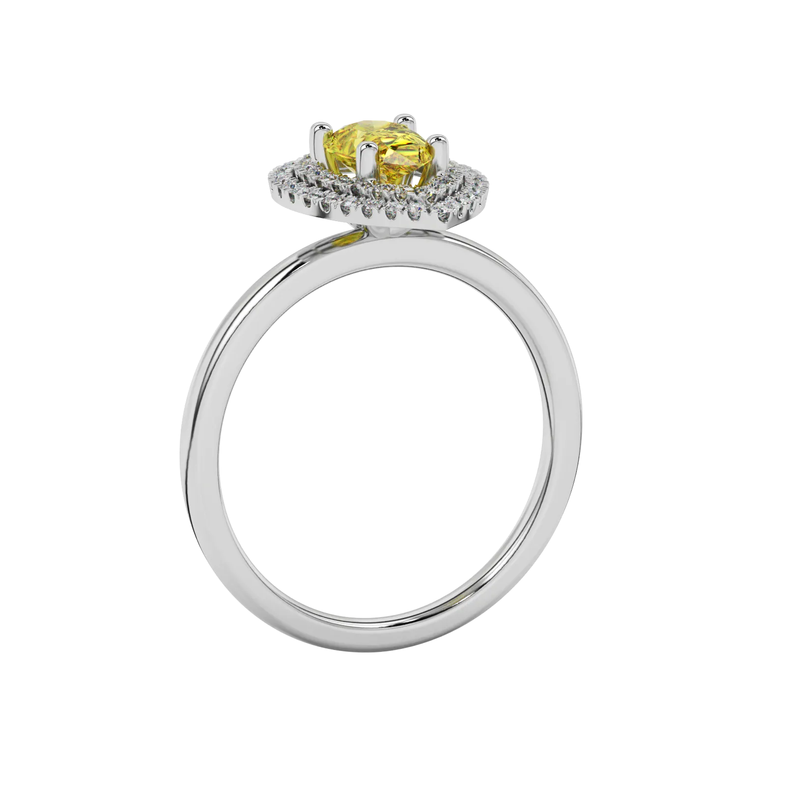 Side profile, white gold canary yellow ring, falling edge halo gallery.