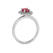 Side profile, white gold raspberry red ring, falling edge halo gallery.