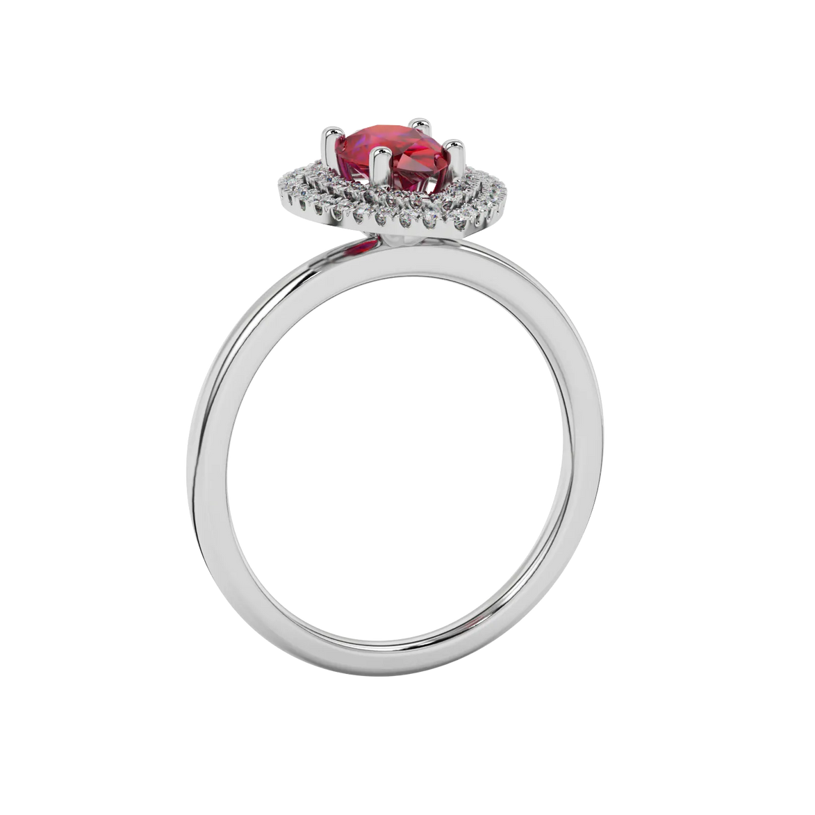 Side profile, white gold raspberry red ring, falling edge halo gallery.