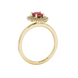 Side profile, yellow gold raspberry red ring, falling edge halo gallery.