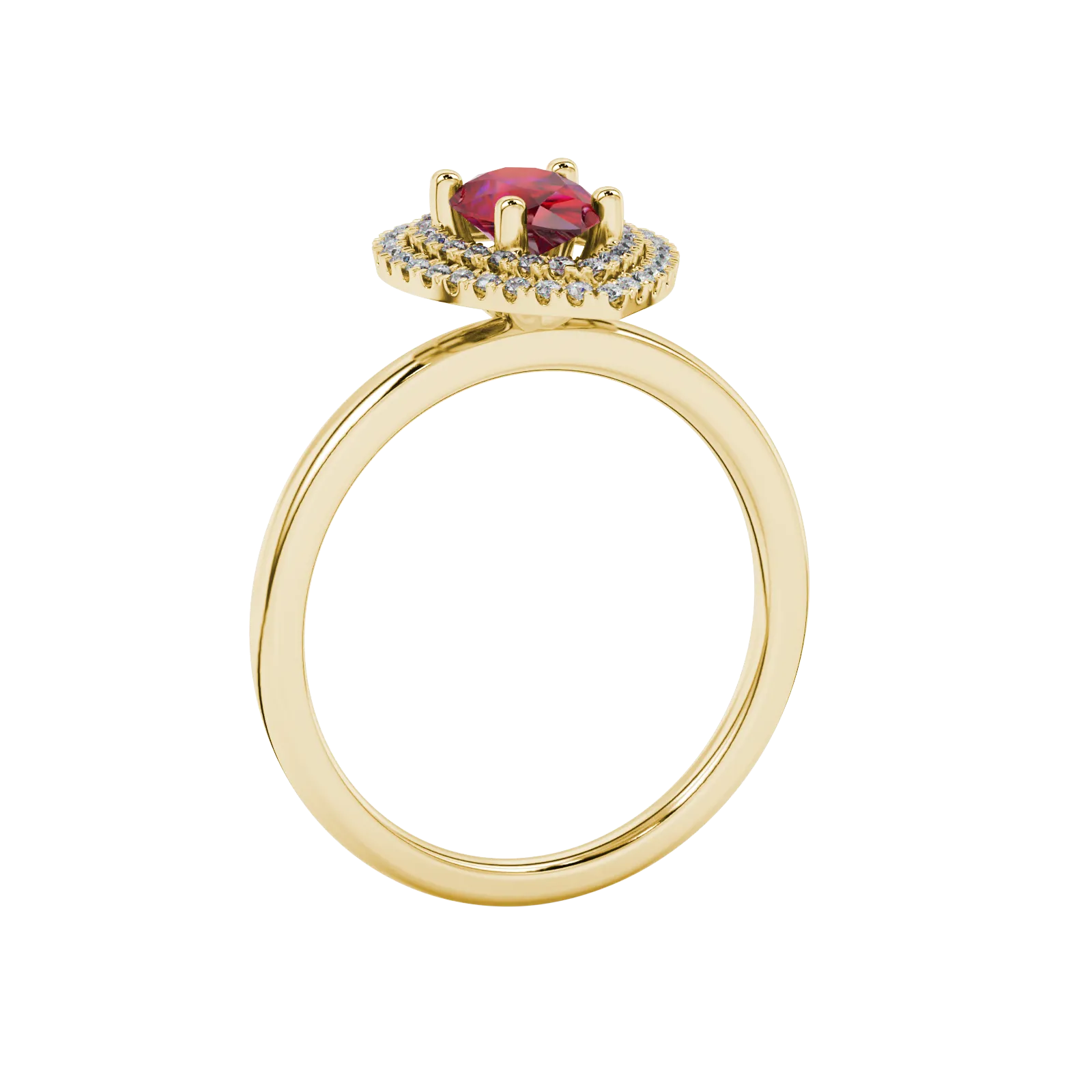 Side profile, yellow gold raspberry red ring, falling edge halo gallery.