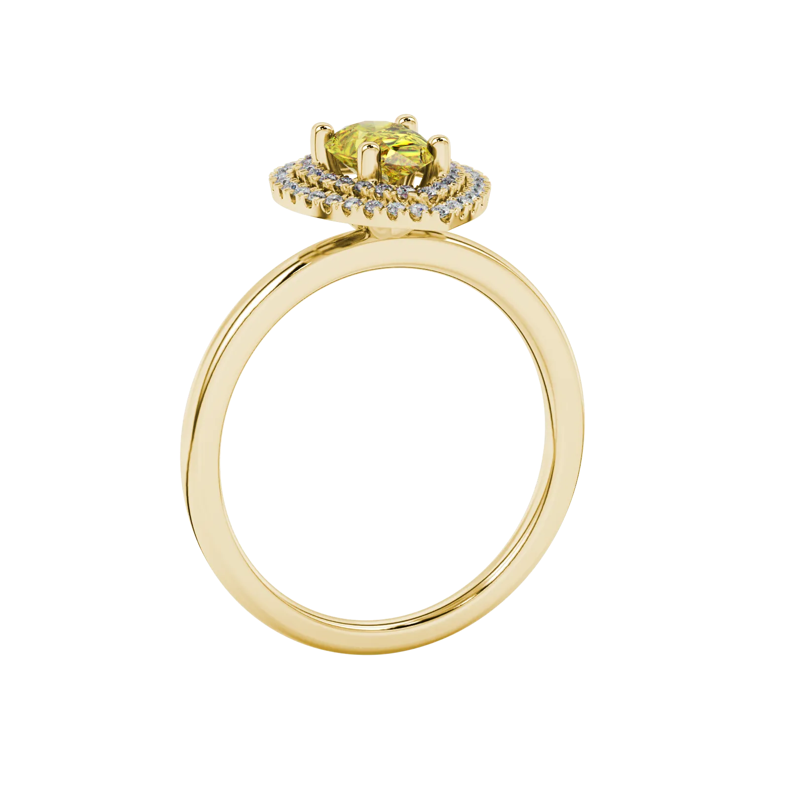 Side profile, yellow gold canary yellow ring, falling edge halo gallery.
