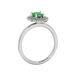 Side profile, white gold emerald green ring, falling edge halo gallery.