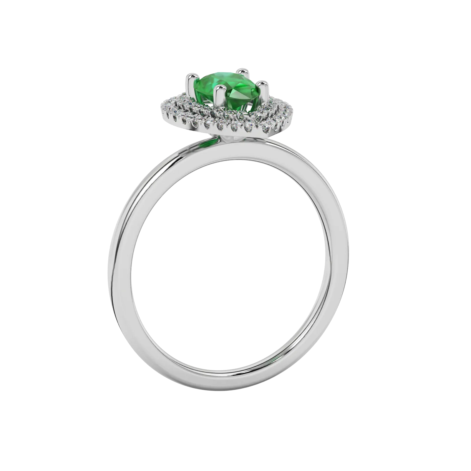 Side profile, white gold emerald green ring, falling edge halo gallery.
