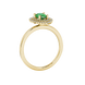 Side profile, yellow gold emerald green ring, falling edge halo gallery.