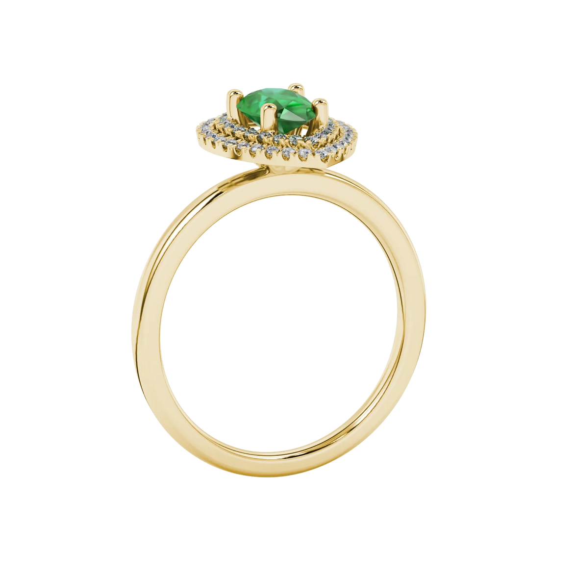 Side profile, yellow gold emerald green ring, falling edge halo gallery.