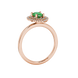 Side profile, rose gold emerald green ring, falling edge halo gallery.