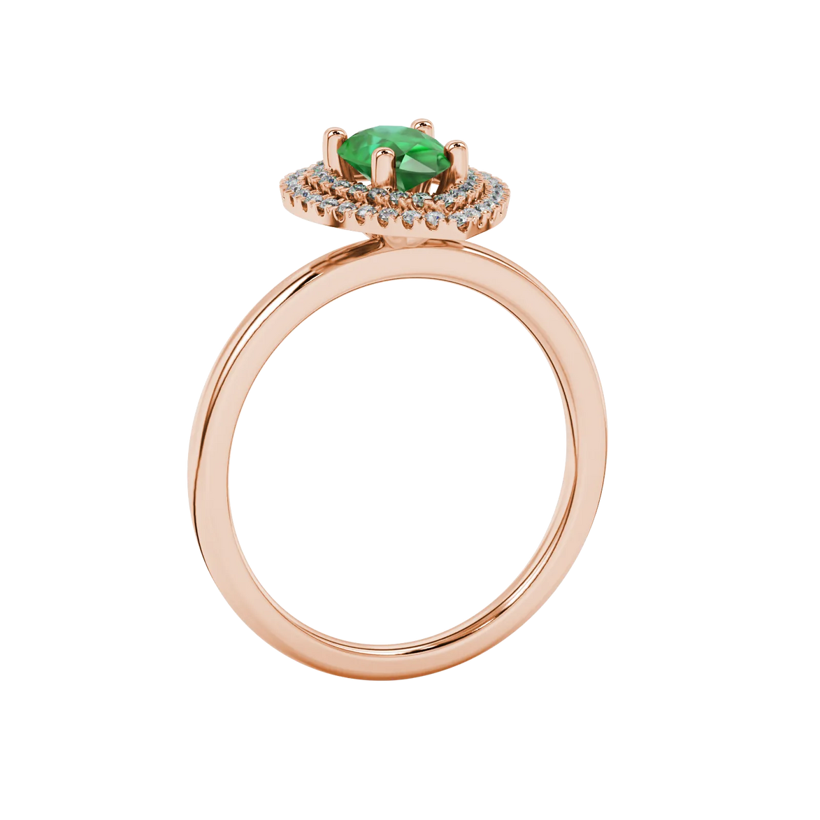 Side profile, rose gold emerald green ring, falling edge halo gallery.