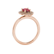 Side profile, rose gold raspberry red ring, falling edge halo gallery.
