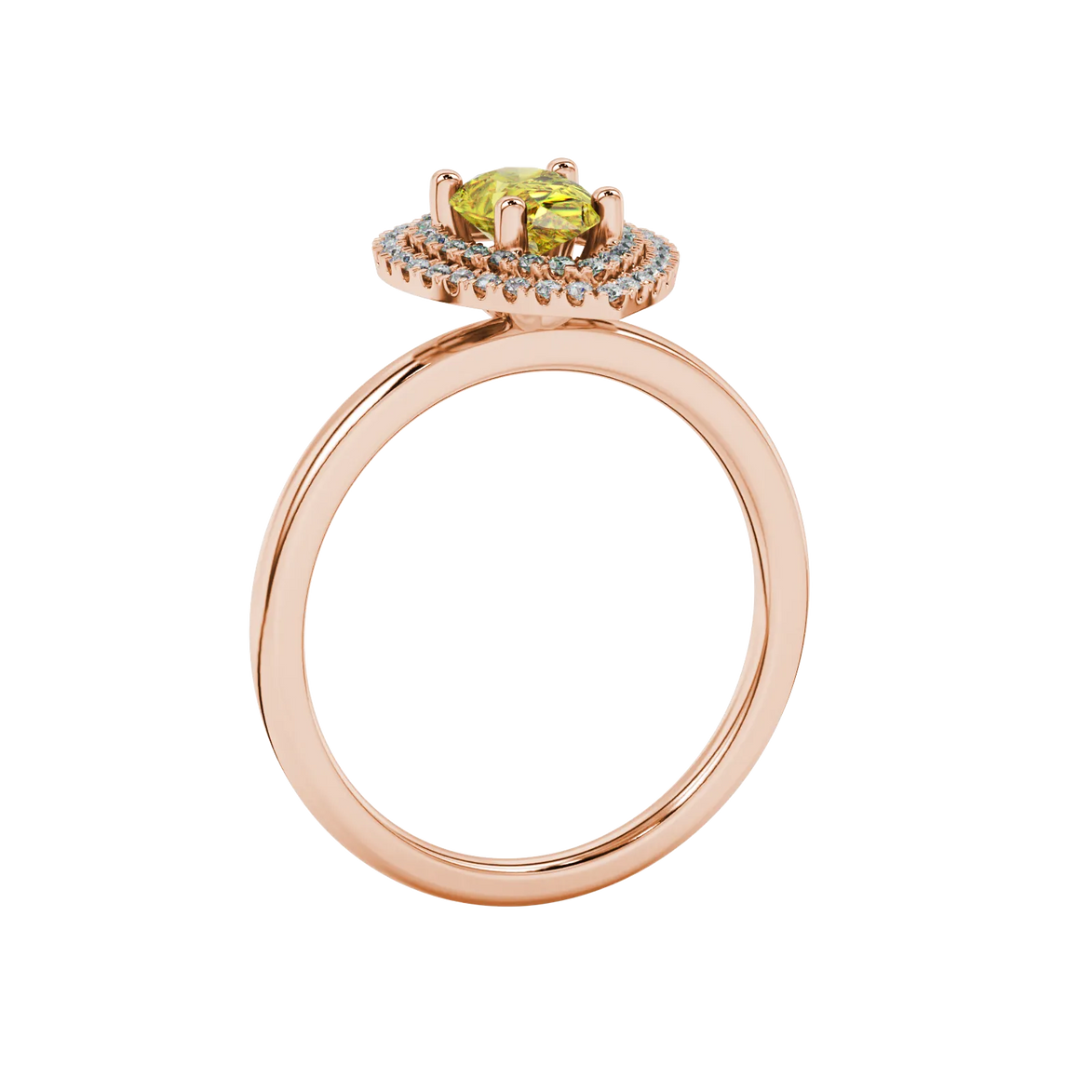 Side profile, rose gold canary yellow ring, falling edge halo gallery.