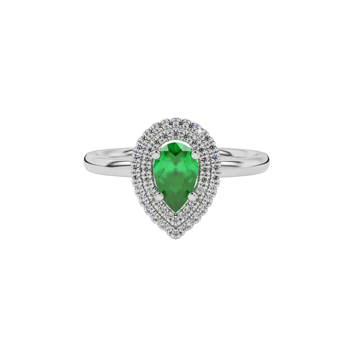 Close-up emerald green gemstone ring, white gold halo setting.