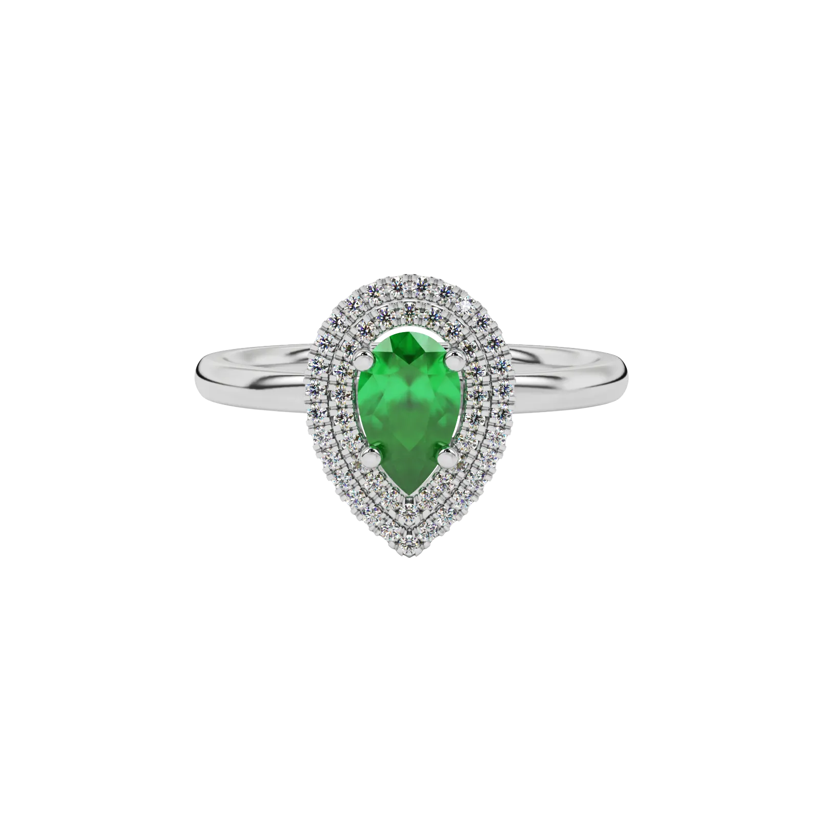 Close-up emerald green gemstone ring, white gold halo setting.