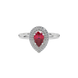 Close-up raspberry red gemstone ring, white gold halo setting.