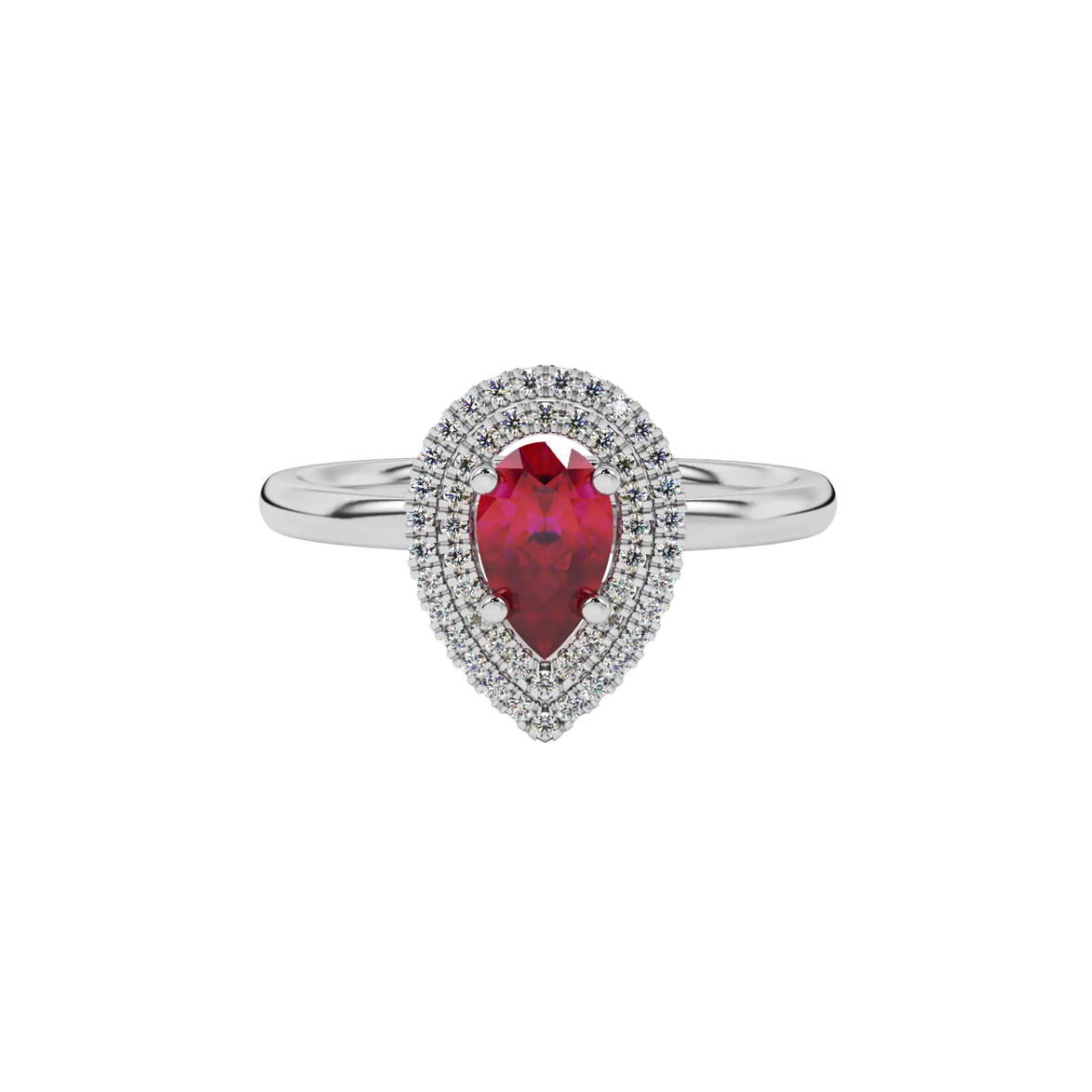 Close-up raspberry red gemstone ring, white gold halo setting.