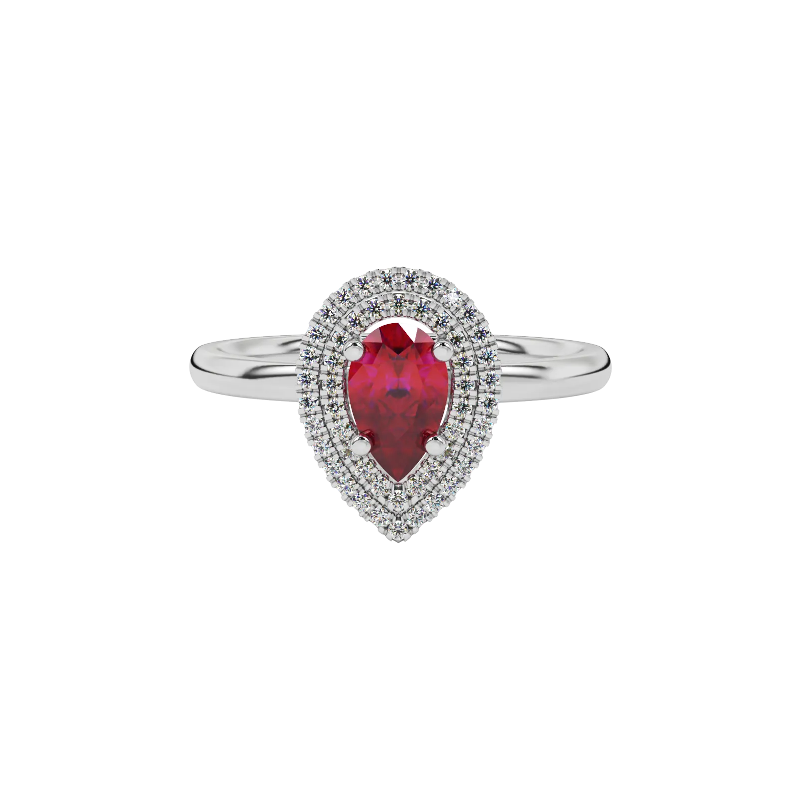 Close-up raspberry red gemstone ring, white gold halo setting.
