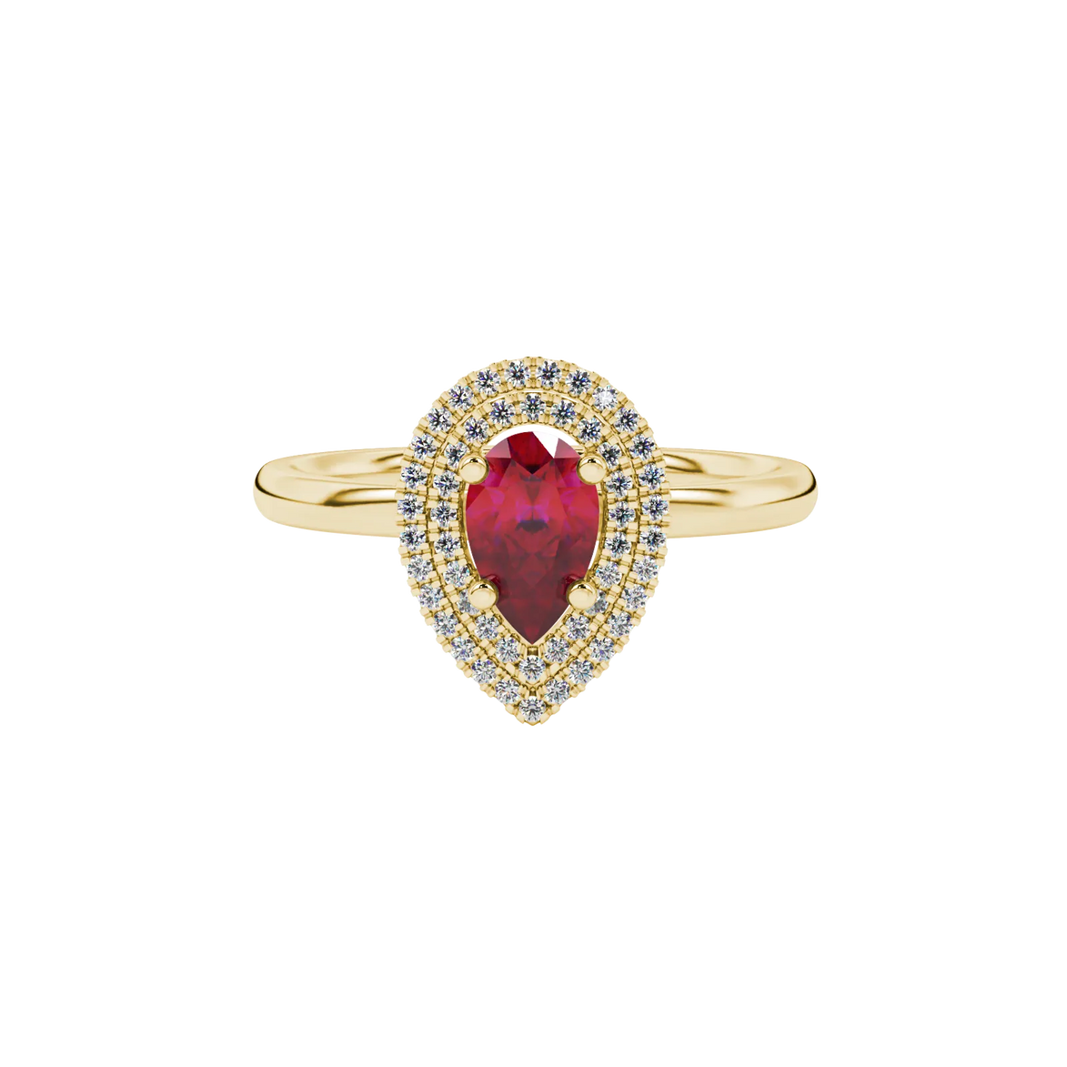Close-up, pear shape raspberry red gemstone, yellow gold halo ring.