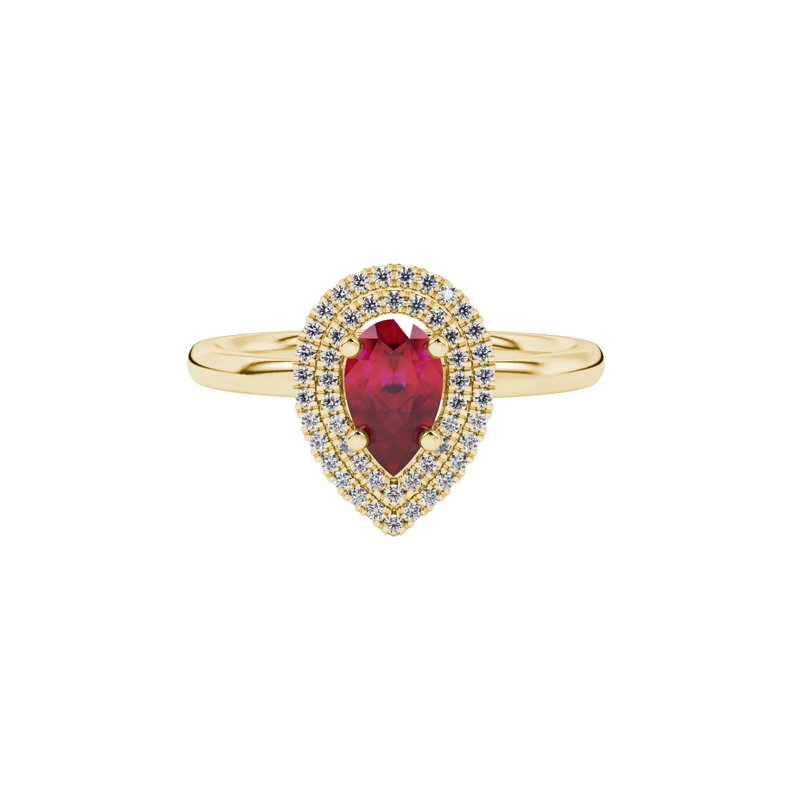 Close-up, pear shape raspberry red gemstone, yellow gold halo ring.