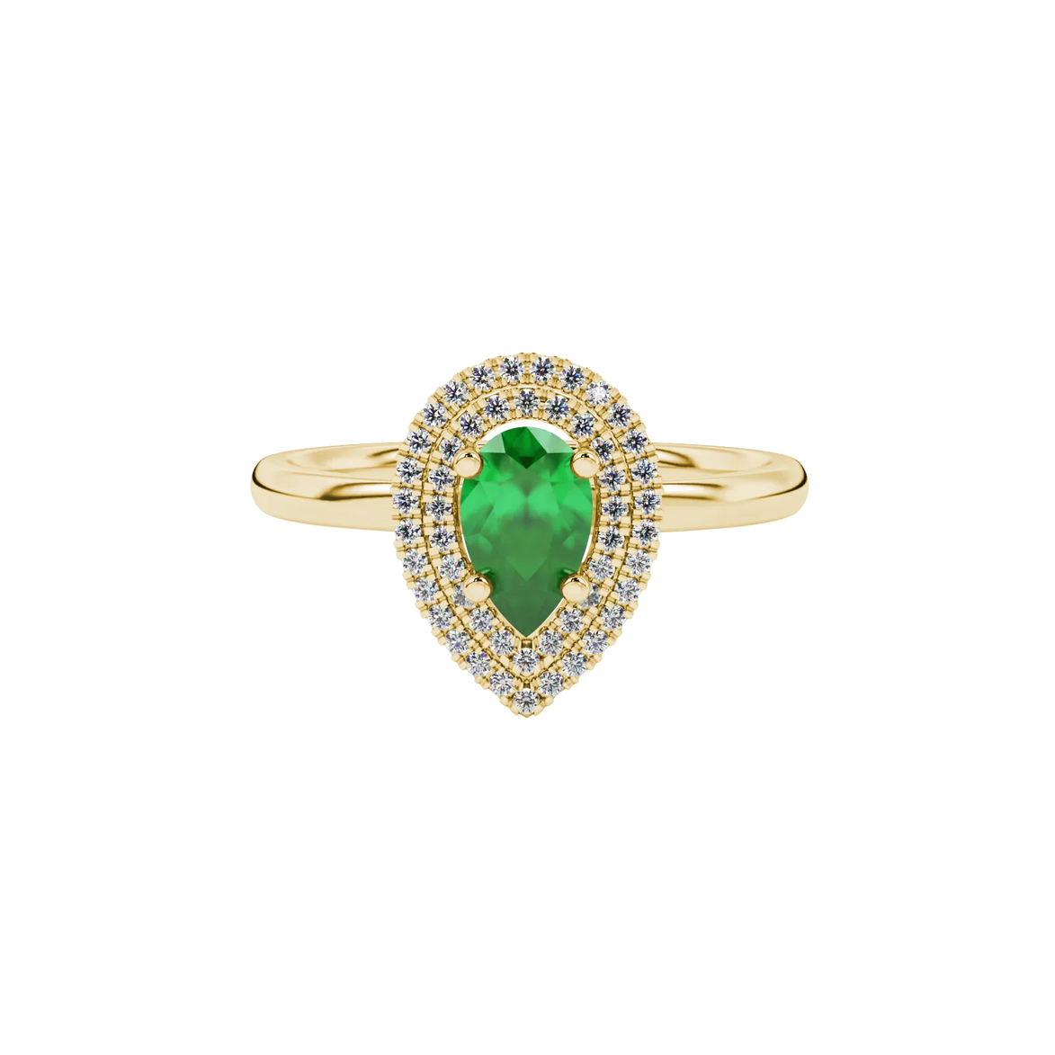 Close-up, pear shape emerald green gemstone, yellow gold halo ring.