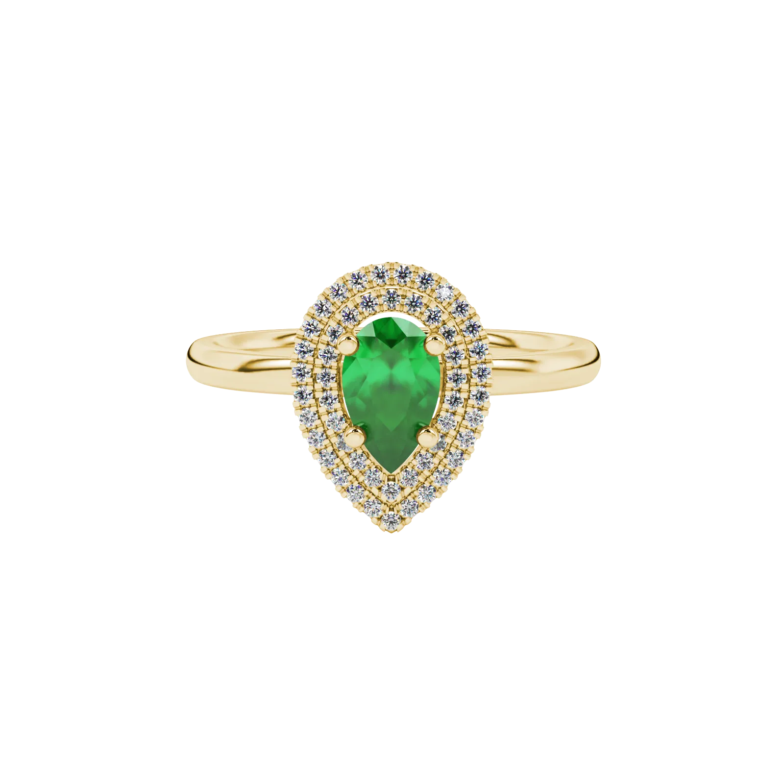 Close-up, pear shape emerald green gemstone, yellow gold halo ring.