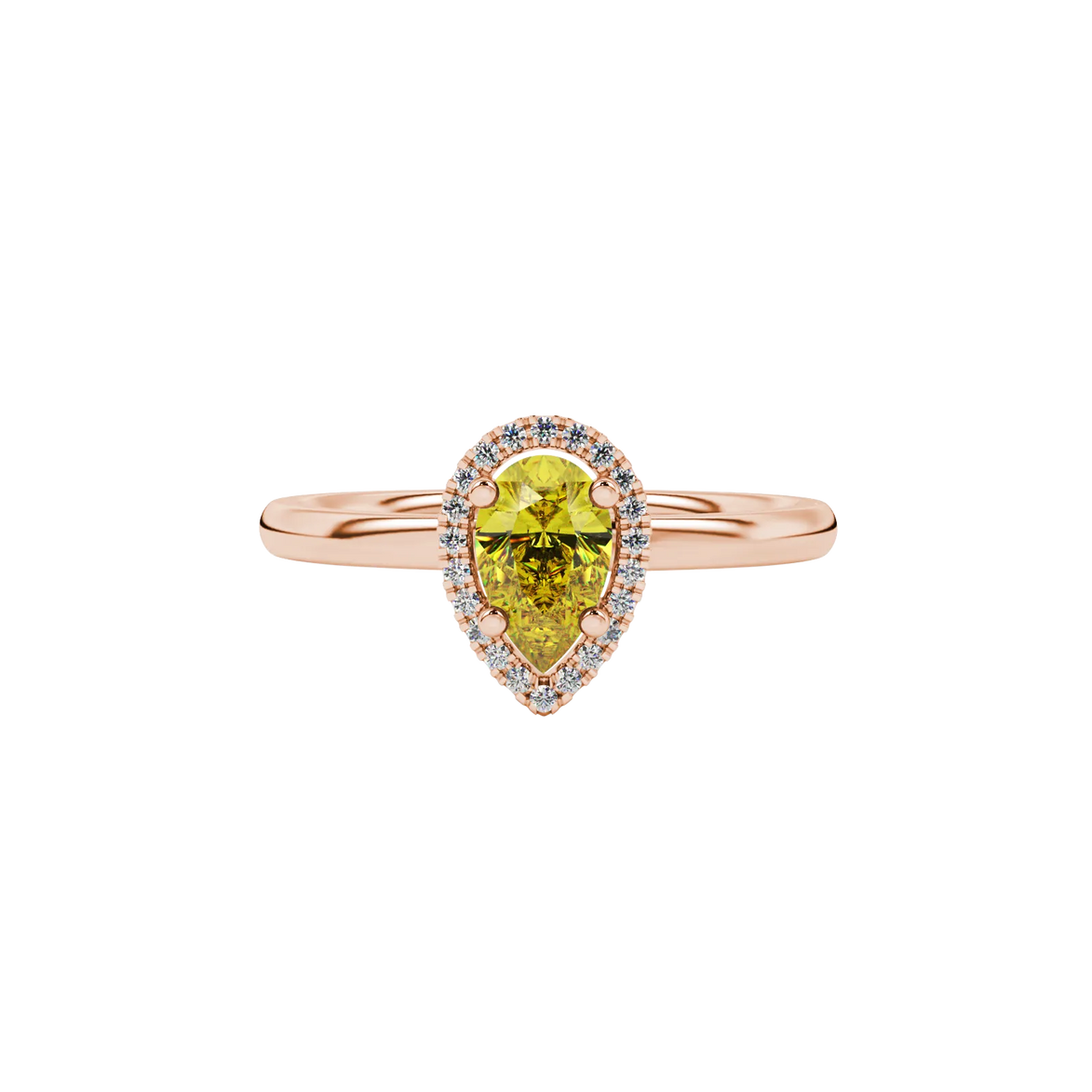 Close-up, pear shape canary yellow gemstone ring, rose gold french pavé halo.