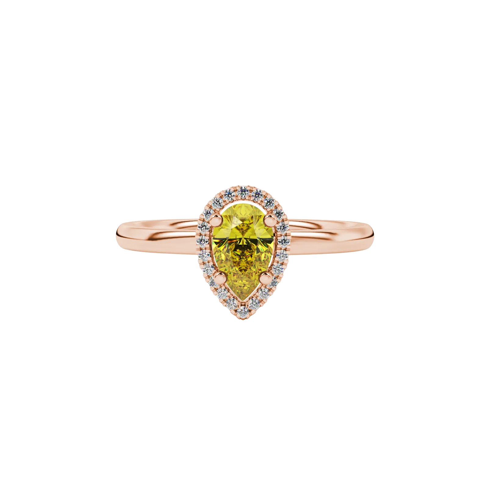Close-up, pear shape canary yellow gemstone ring, rose gold french pavé halo.