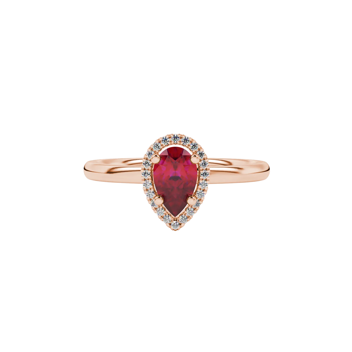 Close-up, pear shape raspberry red gemstone ring, rose gold french pavé halo.