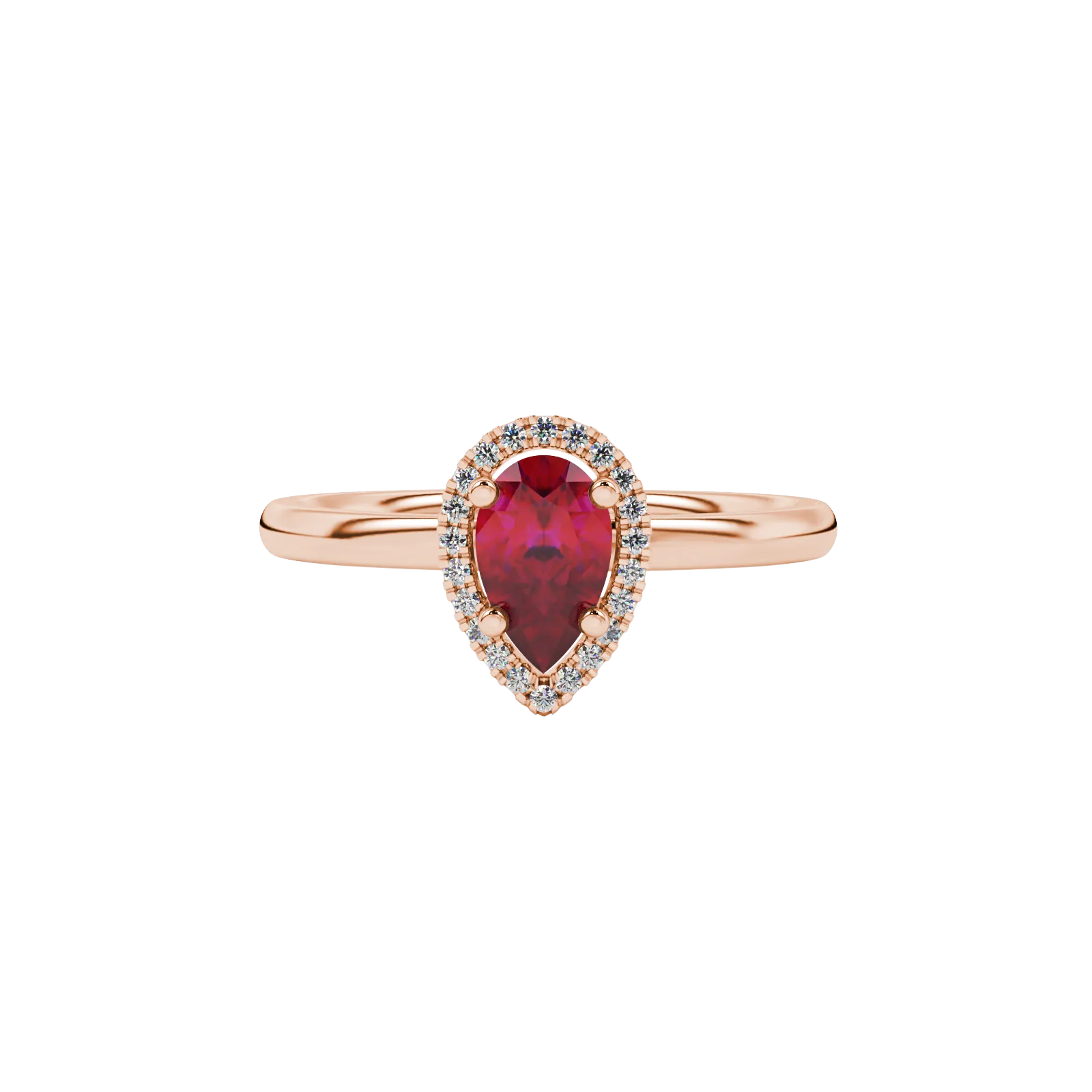 Close-up, pear shape raspberry red gemstone ring, rose gold french pavé halo.