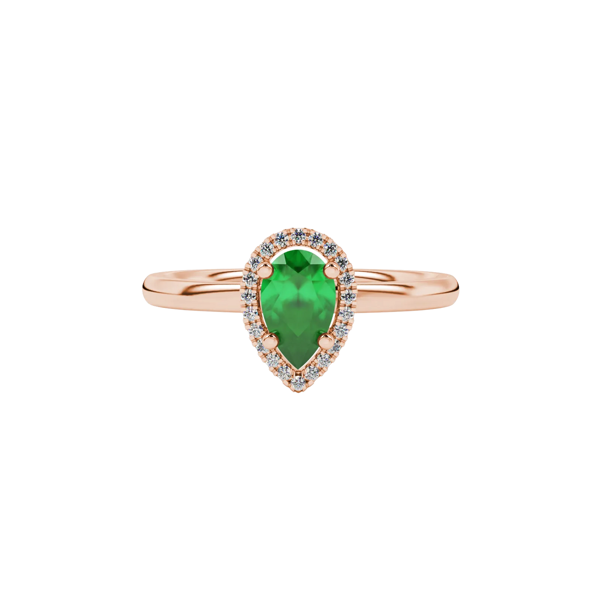 Close-up, pear shape emerald green gemstone ring, rose gold french pavé halo.