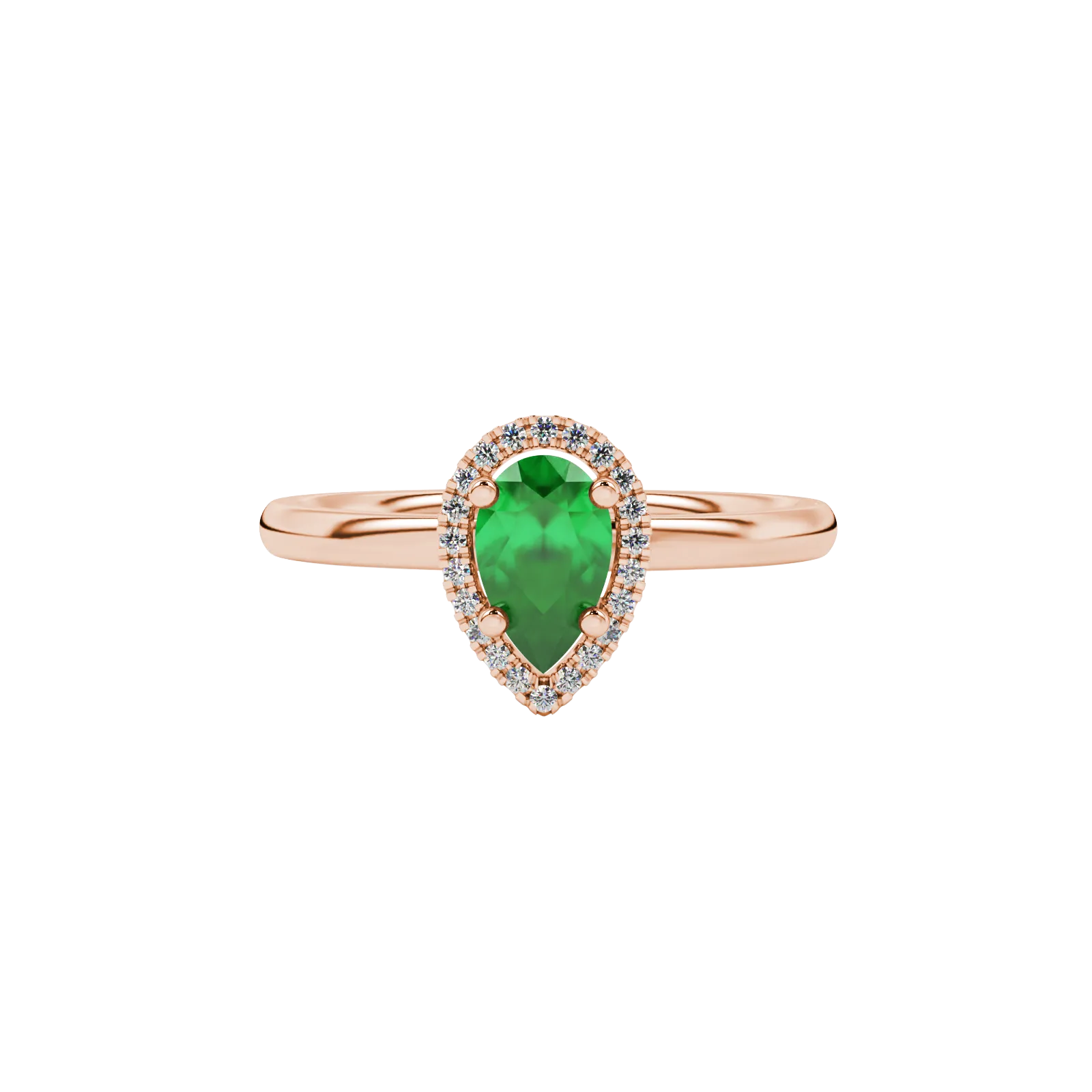 Close-up, pear shape emerald green gemstone ring, rose gold french pavé halo.