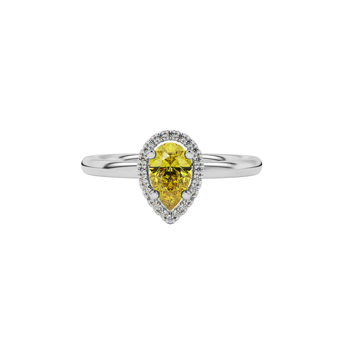 Close-up canary yellow gemstone ring, white gold french pavé halo.