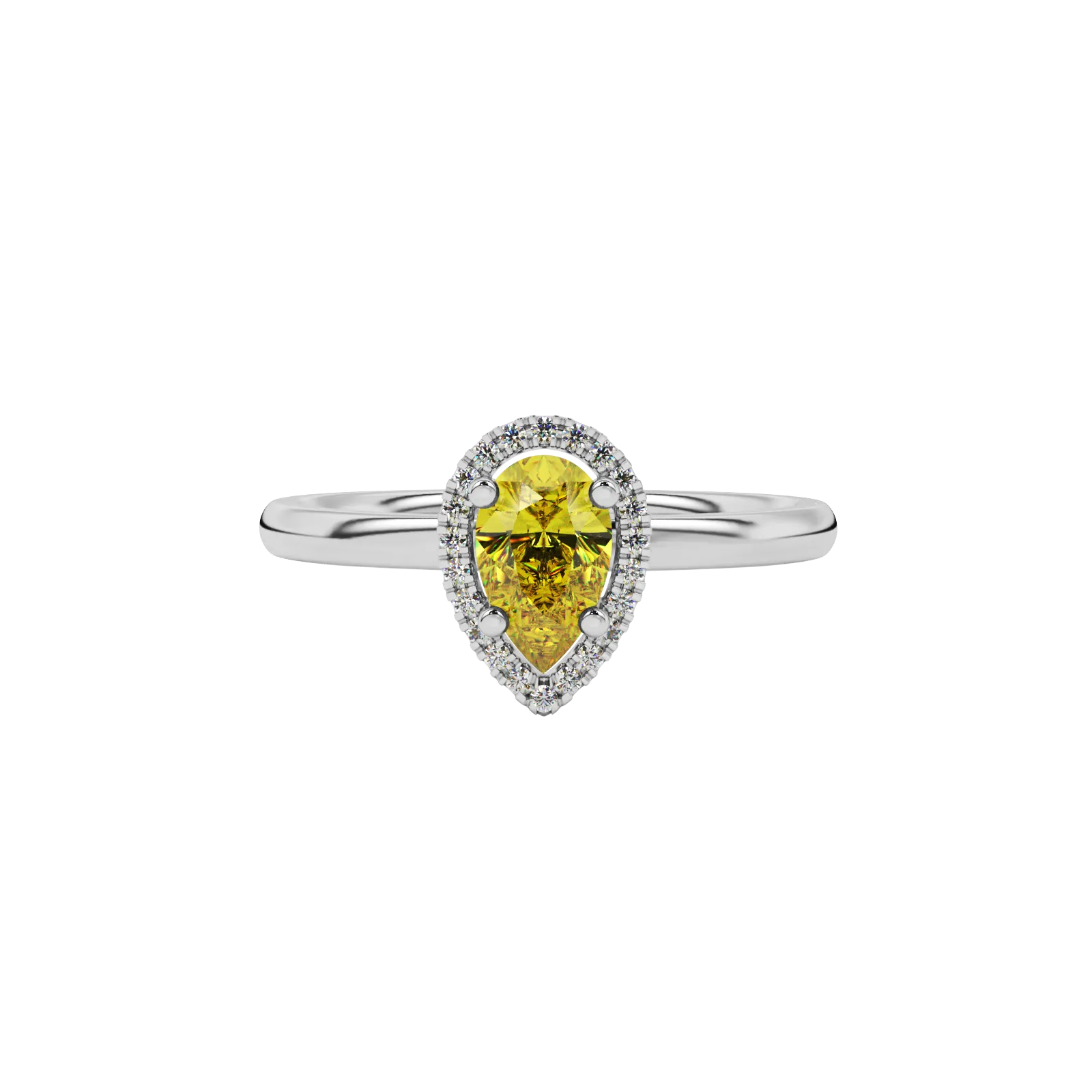Close-up canary yellow gemstone ring, white gold french pavé halo.