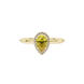 Close-up, pear shape canary yellow gemstone, yellow gold french pavé halo ring