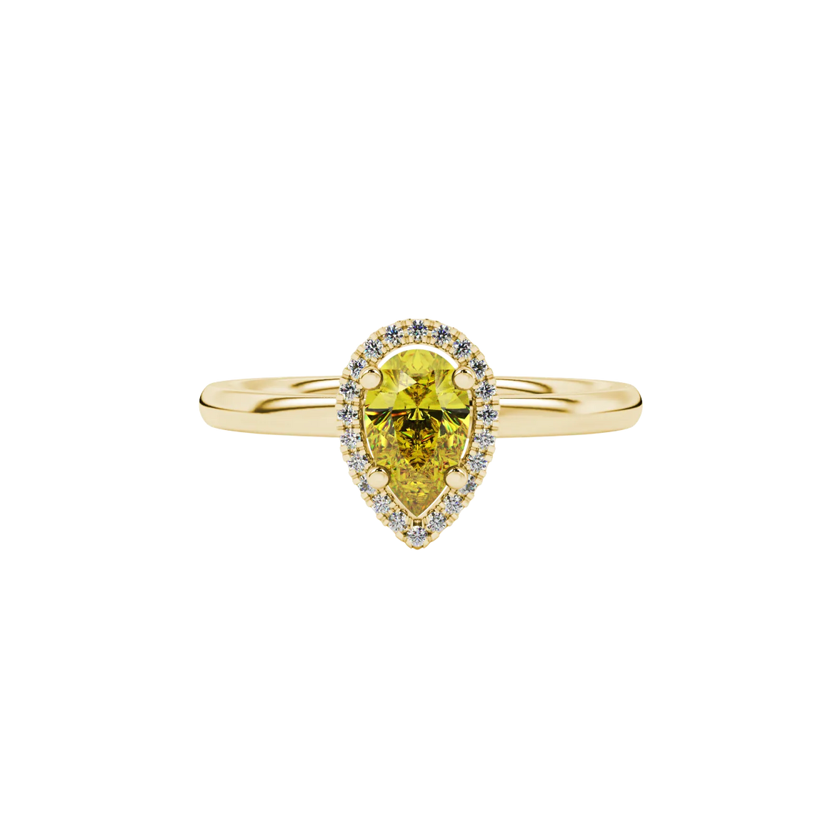 Close-up, pear shape canary yellow gemstone, yellow gold french pavé halo ring