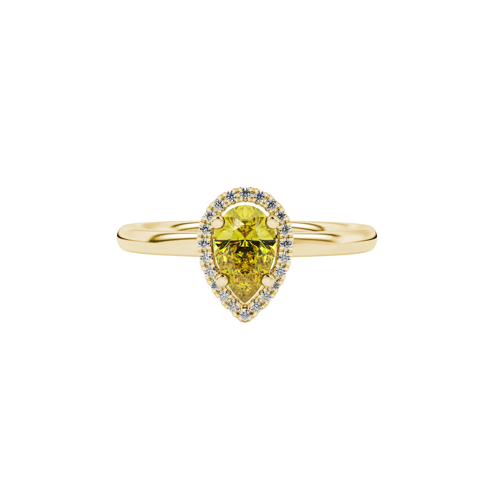 Close-up, pear shape canary yellow gemstone, yellow gold french pavé halo ring