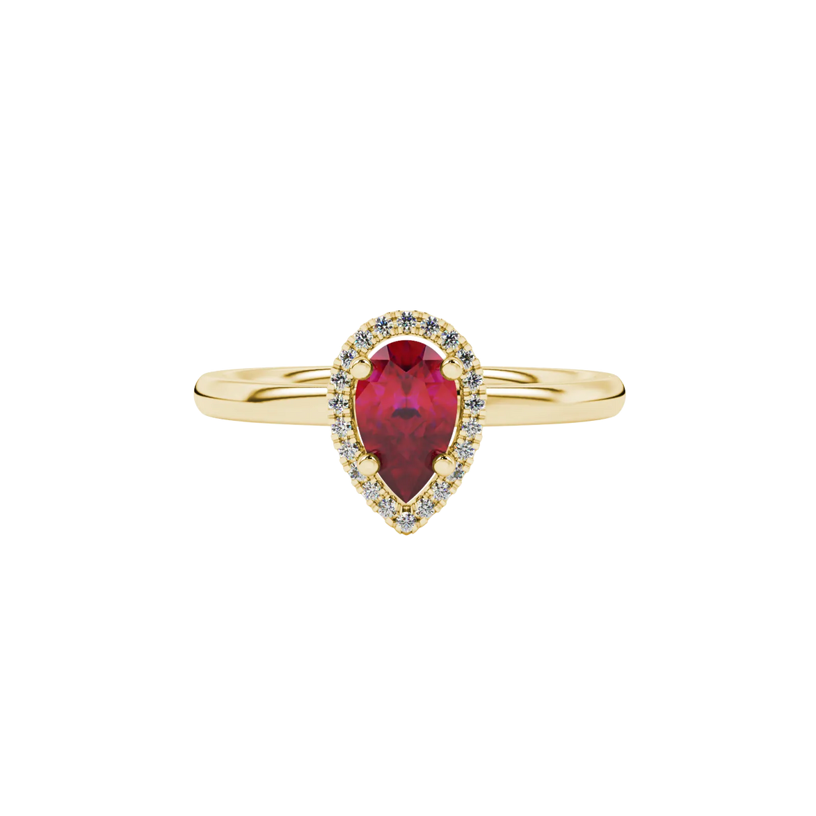 Close-up, pear shape raspberry red gemstone, yellow gold french pavé halo ring.