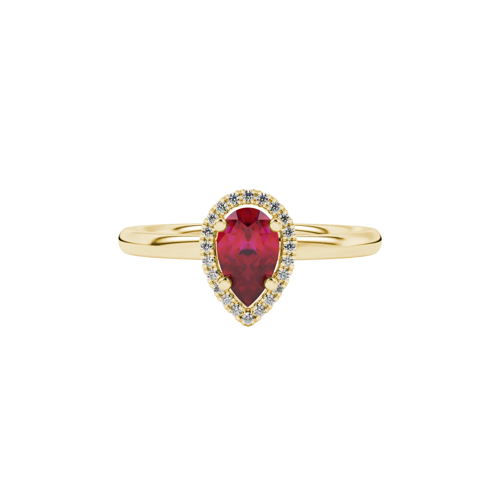 Close-up, pear shape raspberry red gemstone, yellow gold french pavé halo ring.