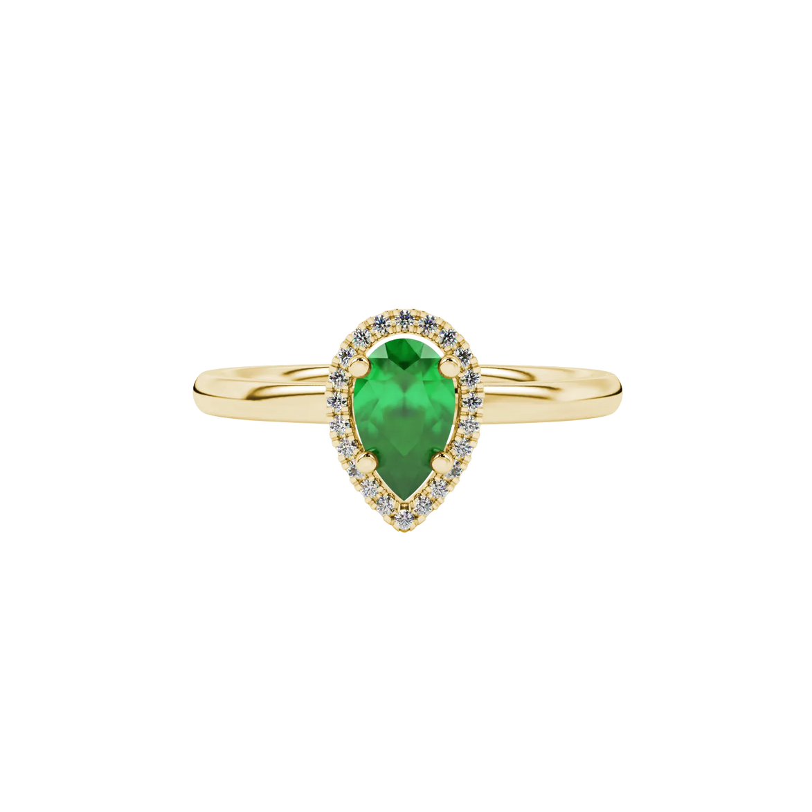 Close-up, pear shape emerald green gemstone, yellow gold french pavé halo ring.