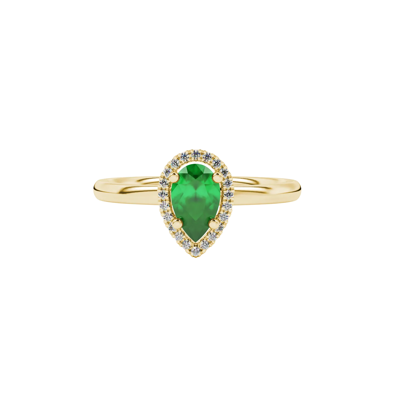 Close-up, pear shape emerald green gemstone, yellow gold french pavé halo ring.