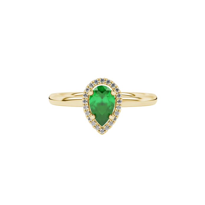 Close-up, pear shape emerald green gemstone, yellow gold french pavé halo ring.
