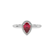 Close-up raspberry red gemstone ring, white gold french pavé halo.