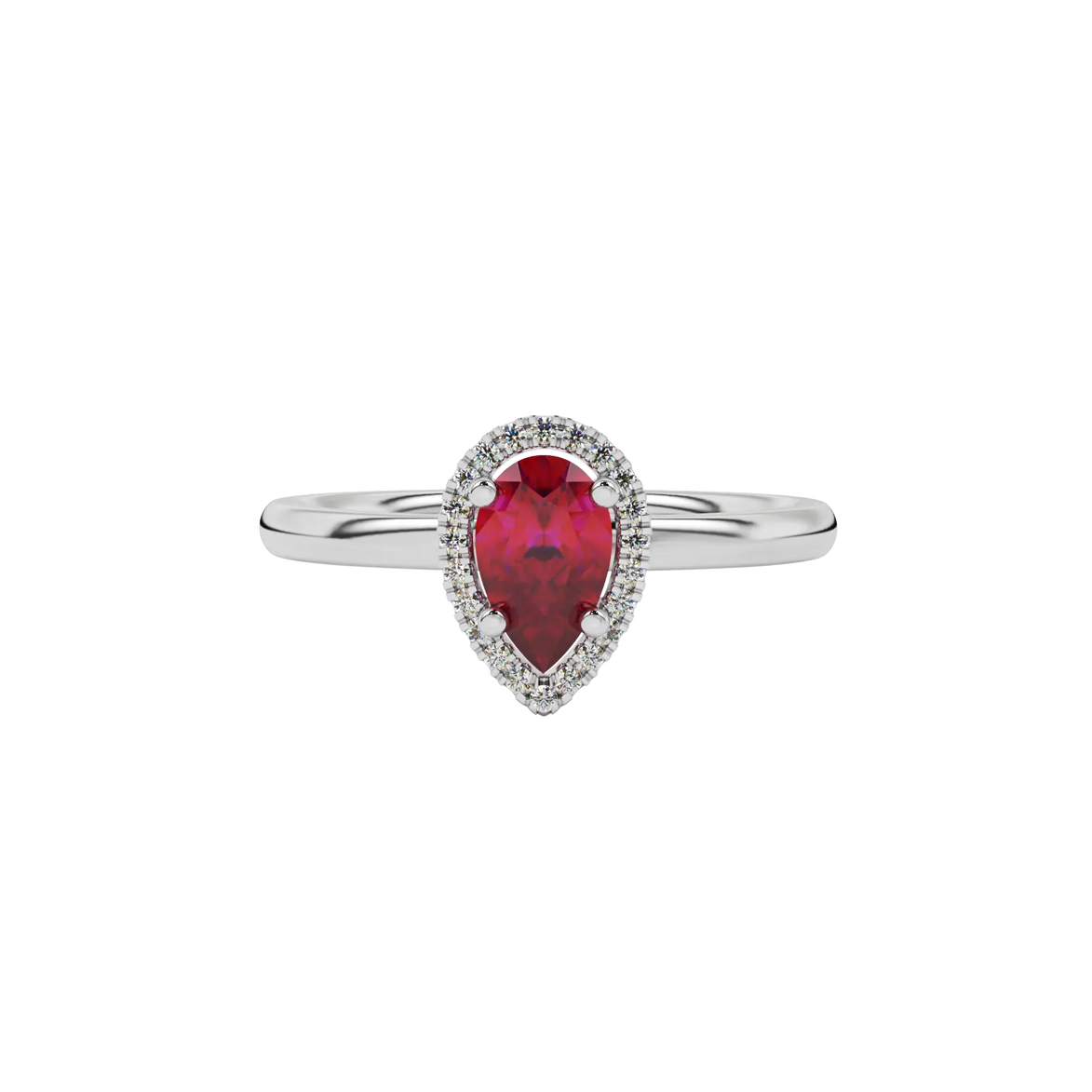 Close-up raspberry red gemstone ring, white gold french pavé halo.