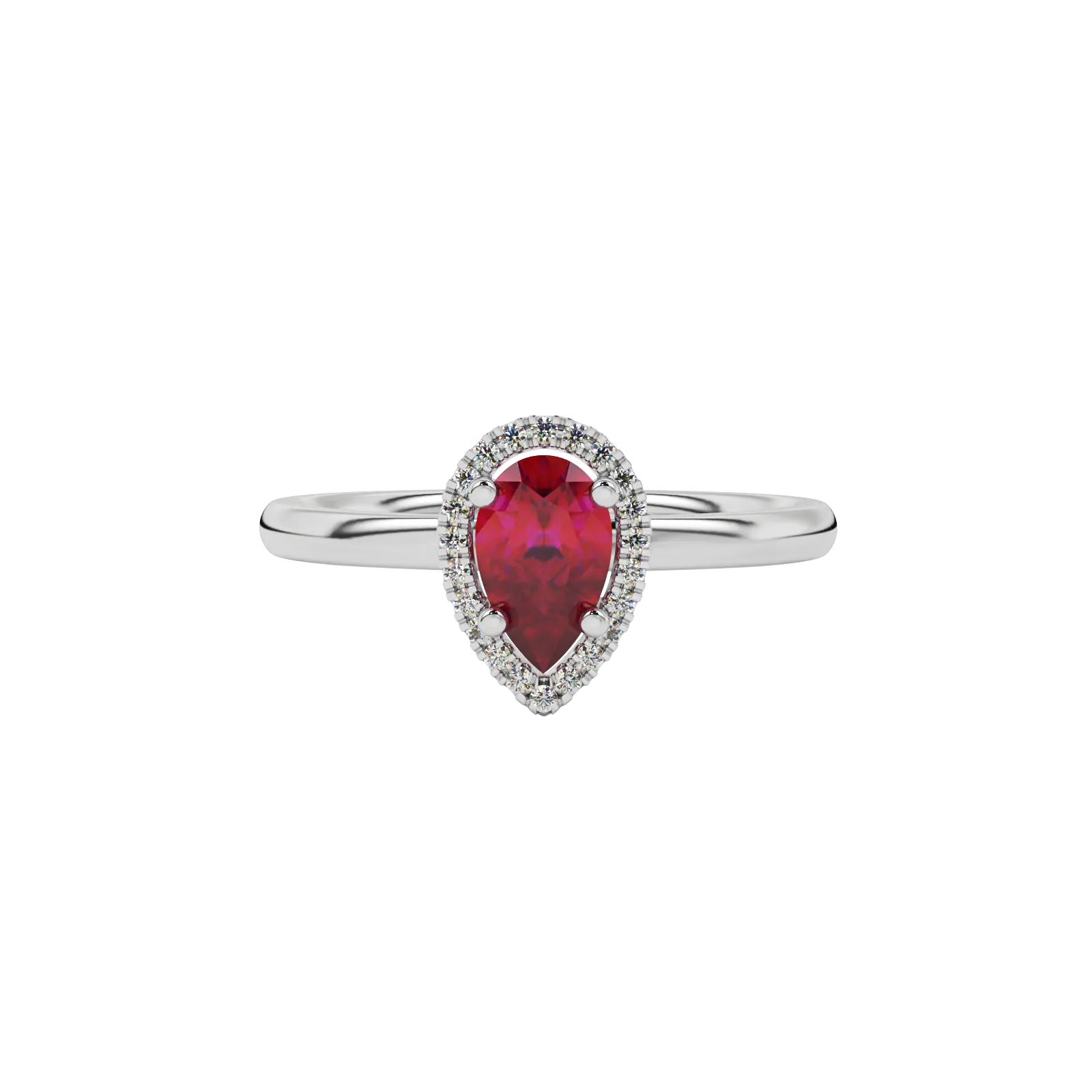 Close-up raspberry red gemstone ring, white gold french pavé halo.