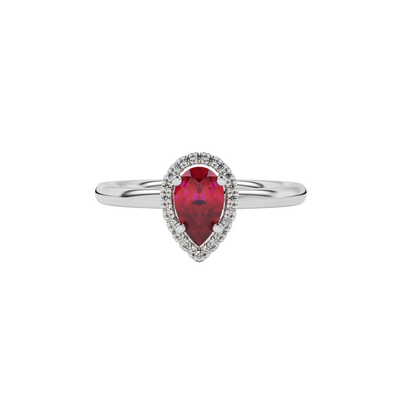 Close-up raspberry red gemstone ring, white gold french pavé halo.