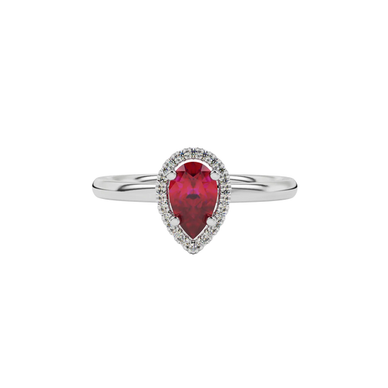 Close-up raspberry red gemstone ring, white gold french pavé halo.