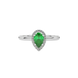 Close-up emerald green gemstone ring, white gold french pavé halo.