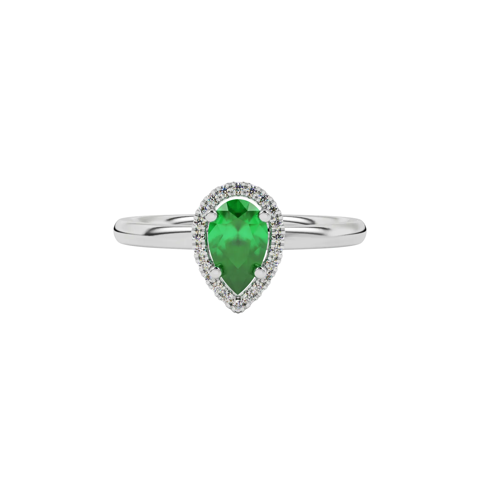 Close-up emerald green gemstone ring, white gold french pavé halo.