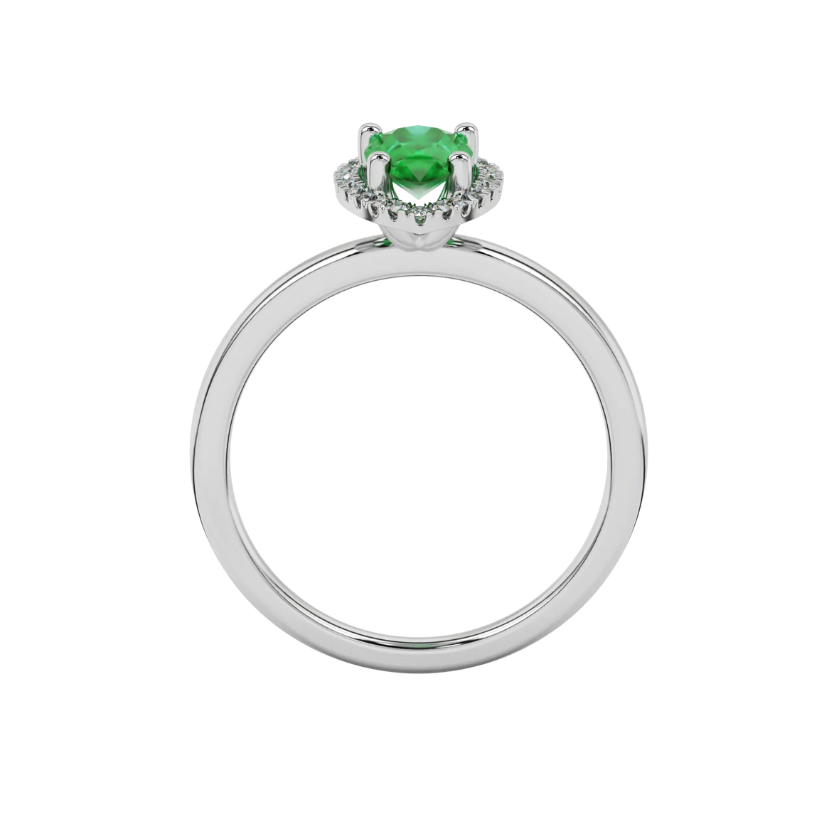 Pear shape emerald green gemstone ring, white gold french pavé halo setting.