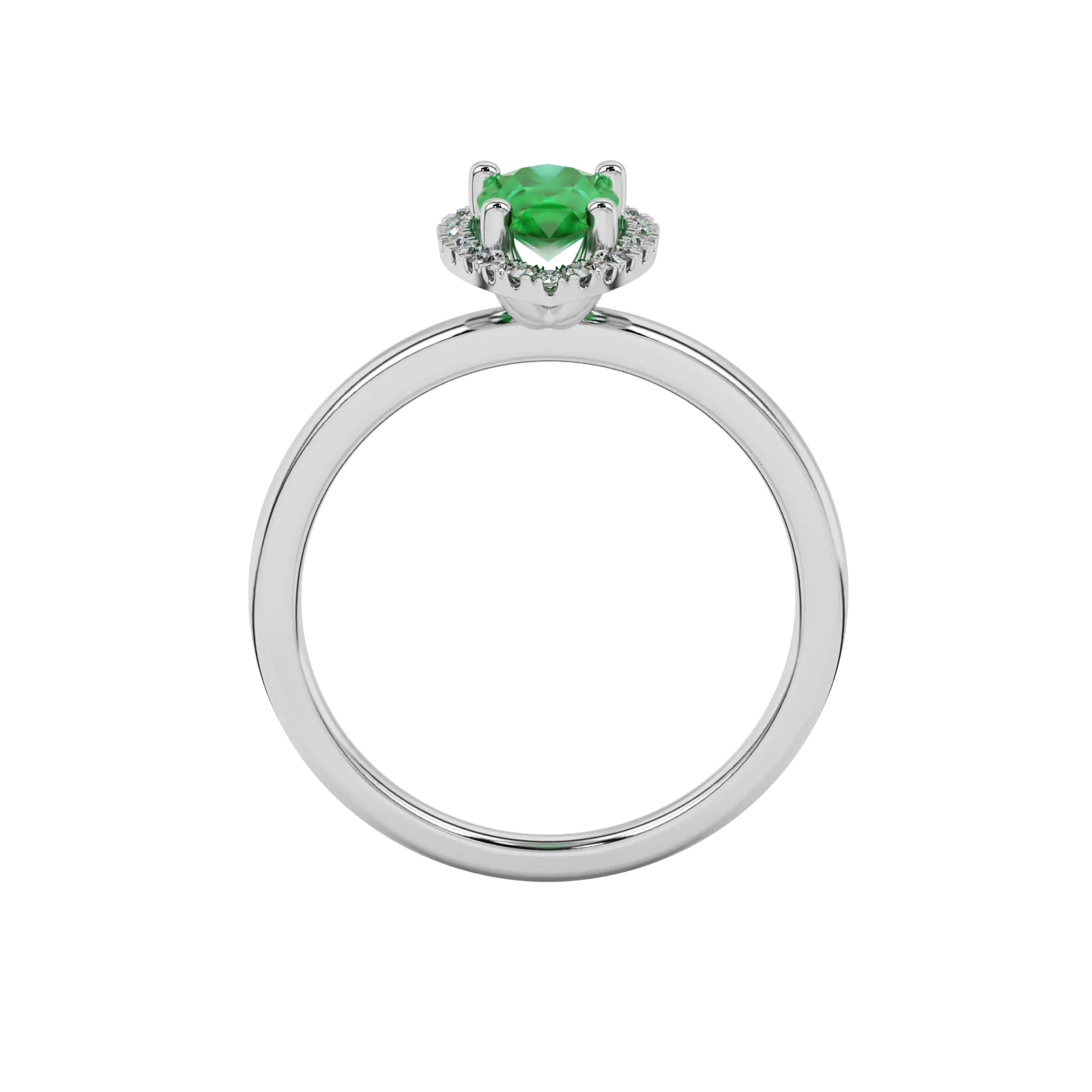 Pear shape emerald green gemstone ring, white gold french pavé halo setting.