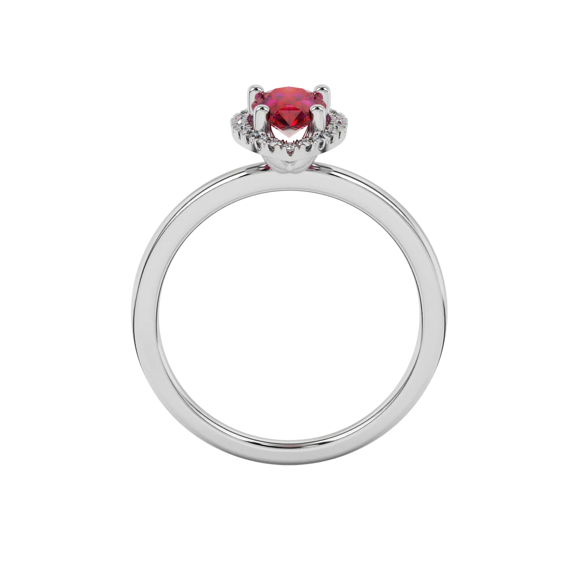 Pear shape raspberry red gemstone ring, white gold french pavé halo setting.